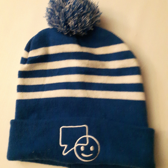 Bell Let's Talk Day White and Blue Striped Toque Pom Pom Beanie - Picture 3 of 6